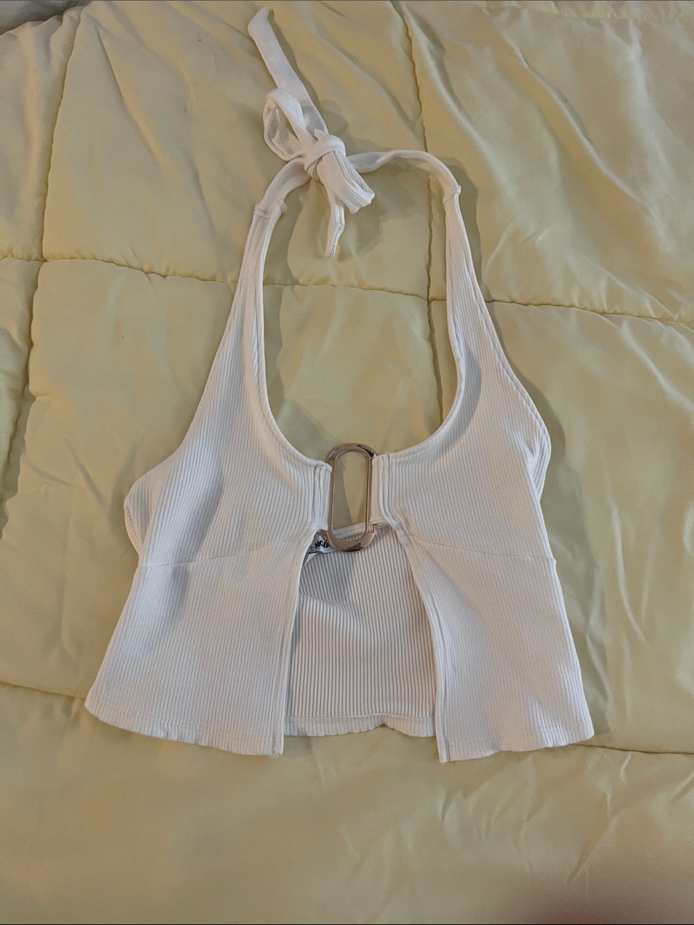 Fashion Nova White Ribbed Halter Crop Top with Metal Ring